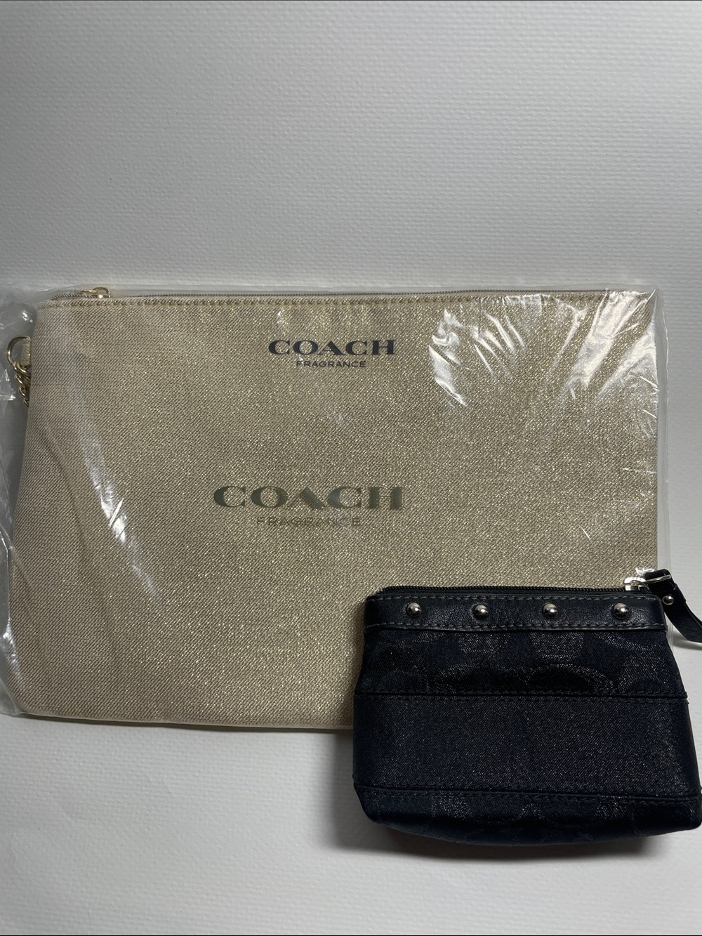 COACH Gold Metallic Makeup Pouch with Black Studded Coin Case